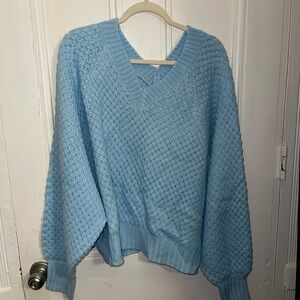 Fashion Nova Ice Blue V-Neck Knit Sweater